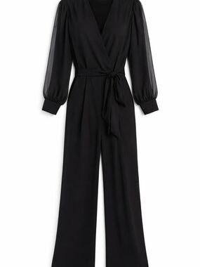 Donna Ricco Black Wrap Jumpsuit Size 16W Sheer Sleeve Wide Leg Elegant Office